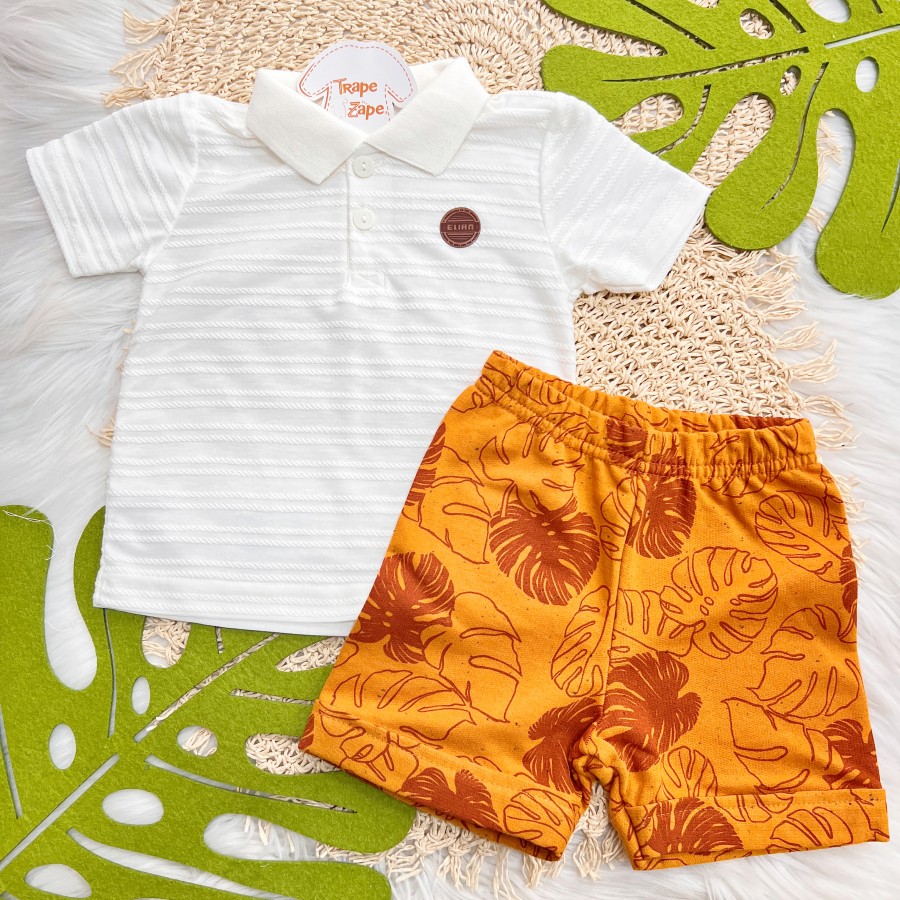 Conj. Camiseta e Bermuda Folhagem - Off White e Laranja